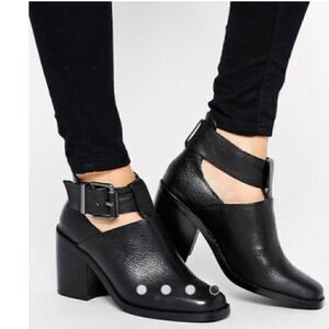 Shelly's London Reversible Adjustable Buckle Strap Block Heel Leather Booties